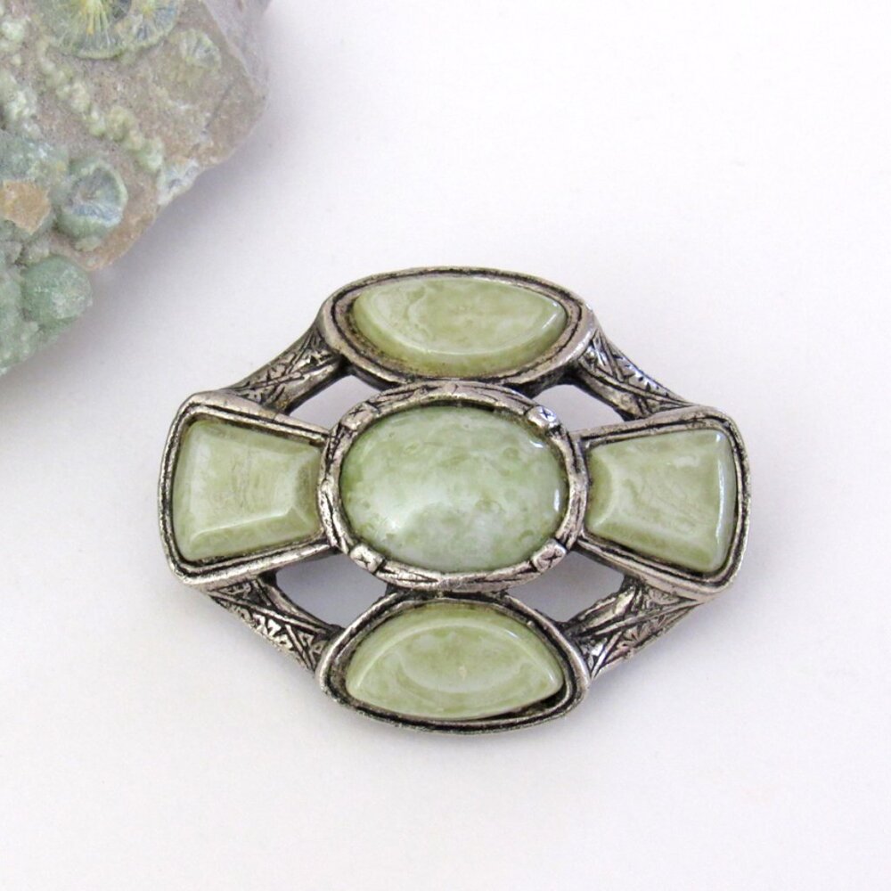 Vintage Art Deco Style Silver Tone Pin Brooch with Faux Green Stones